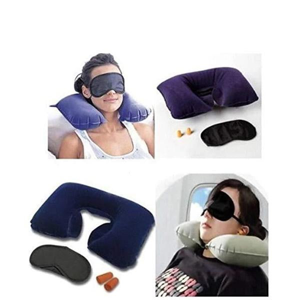 Air travel pillow, ear buds, and eye mask set. Air travel pillow, ear buds, and eye mask set.